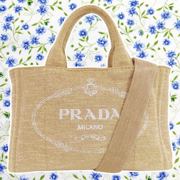 PRADA Beige Raffia Canvas Logo Canapa Tote - Picture 1 of 11